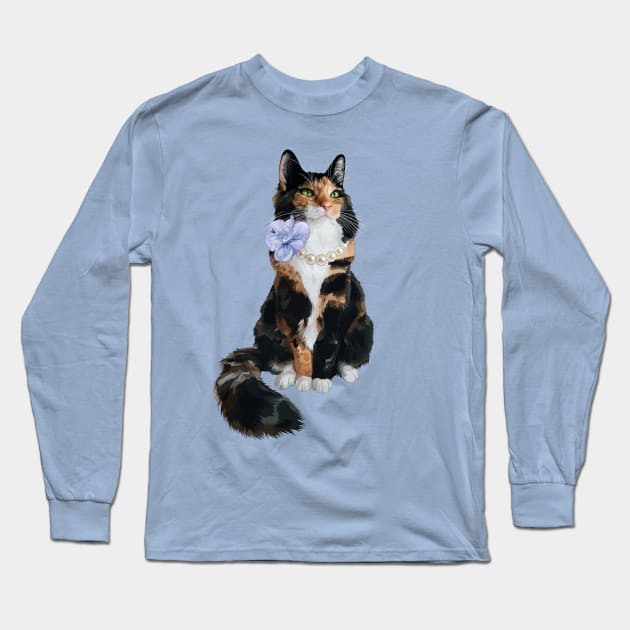 Glamorous Longhair Calico Cat with Pearls Long Sleeve T-Shirt by CarleahUnique